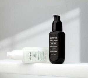Studio shot of Emani skincare serums on a white background showcasing luxury bea