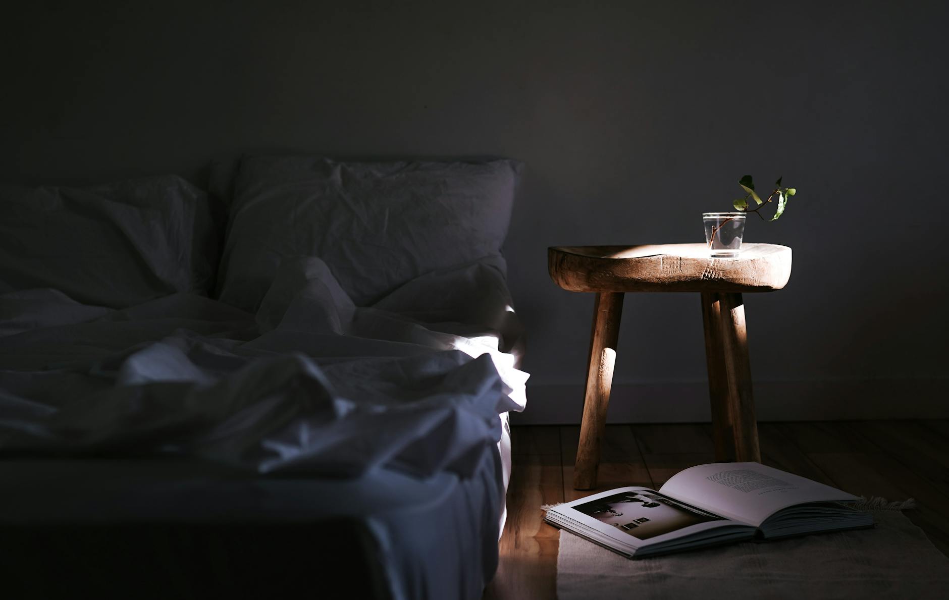 Serene bedroom scene featuring a bed, wooden stool with plant, and open book in 